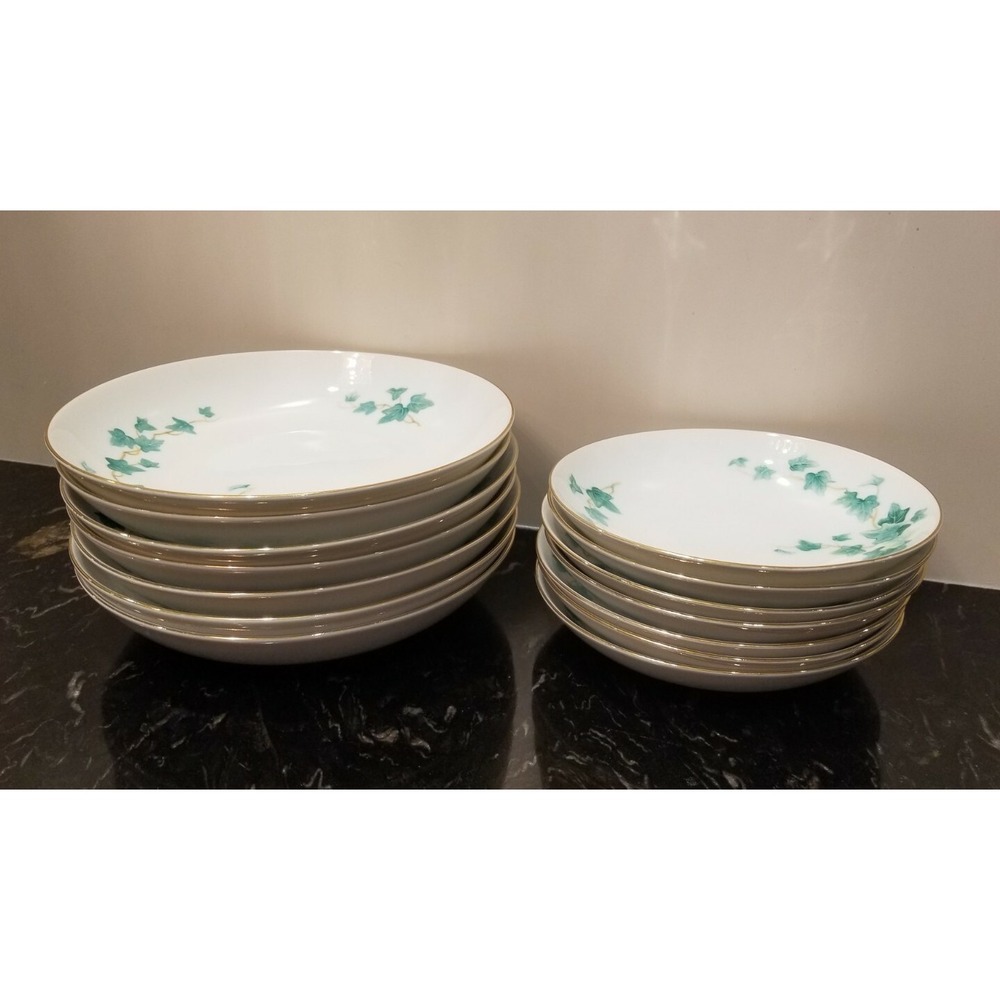 Vintage Sango Caprice Green Ivy 7 Soup Bowls 7" & 7 Small Bowls 5.5" Set for 7